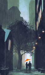 Fototapeta premium couple with red umbrella walking in raining street at night,illustration painting