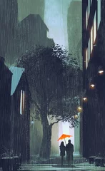 Fototapeten couple with red umbrella walking in raining street at night,illustration painting © grandfailure
