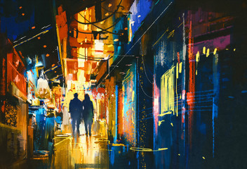 couple walking in alley with colorful lights,digital painting - obrazy, fototapety, plakaty