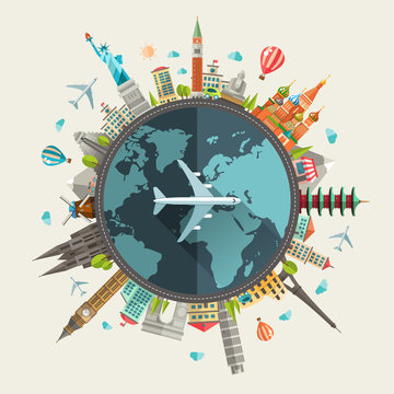 Illustration of flat design travel composition with famous world