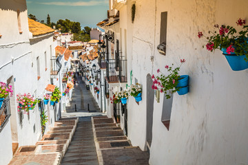 Picturesque street of Mijas with flower pots in facades. Andalus