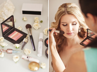 Beautiful bride applying wedding make-up by professional make-up artist on the wedding day at home