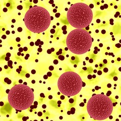 Bloody spheres of dangerous  bacteria or virus spheres in yellow secretion