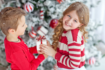 kids near the christmas tree