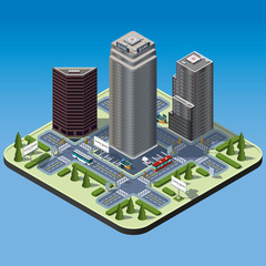 Modern illustration of an Isometric Buildings set in downtown. Isometric city. 3d buildings icon. Transport infrastructure.