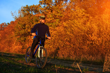 Man with bicycle riding country road