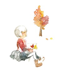 秋の風景と少女