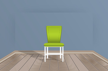 Empty room, blue wall, wooden floor and chair.