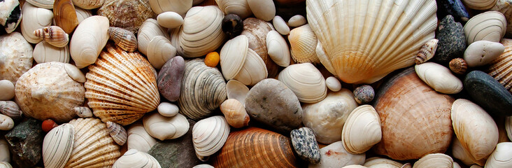 Sea Shells Seashells Panorama - assorted shells / pebbles - back - obrazy, fototapety, plakaty