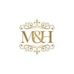 M&H Initial logo. Ornament ampersand monogram golden logo