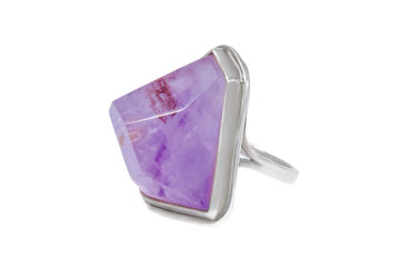 Silver ring with amethyst stone isolated on white background