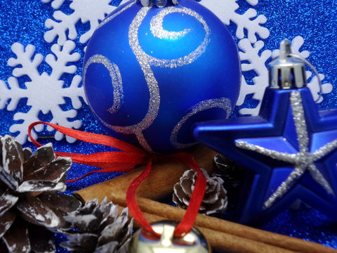 Blue Xmas background, Ornaments on blue glitter