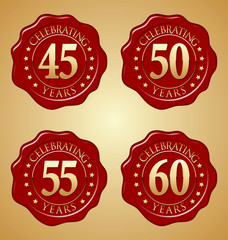 Vector Set of Anniversary Red Wax Seal  45th, 50th, 55th, 60th