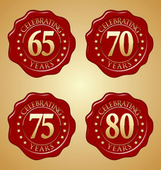 Vector Set of Anniversary Red Wax Seal  65th, 70th, 75th, 80th