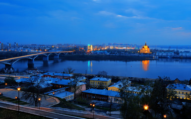 Night view of Nizhny Novgorod. Kanavinskiy bridge and Alexander