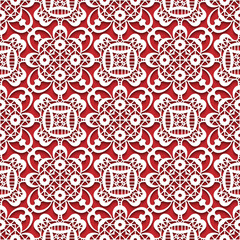 White lace texture on red, seamless lace pattern