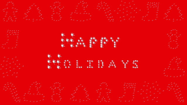 Happy Holidays greeting with christmas icons gingerbread man, tree, snowman, santa hat, candy cane, stocking, star and snowflake border on red.