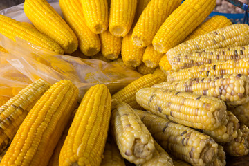 Bolied corn on tray in market