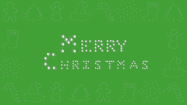 Merry Christmas greeting with icons gingerbread man, tree, snowman, santa hat, candy cane, stocking, star and snowflake border on green screen.
