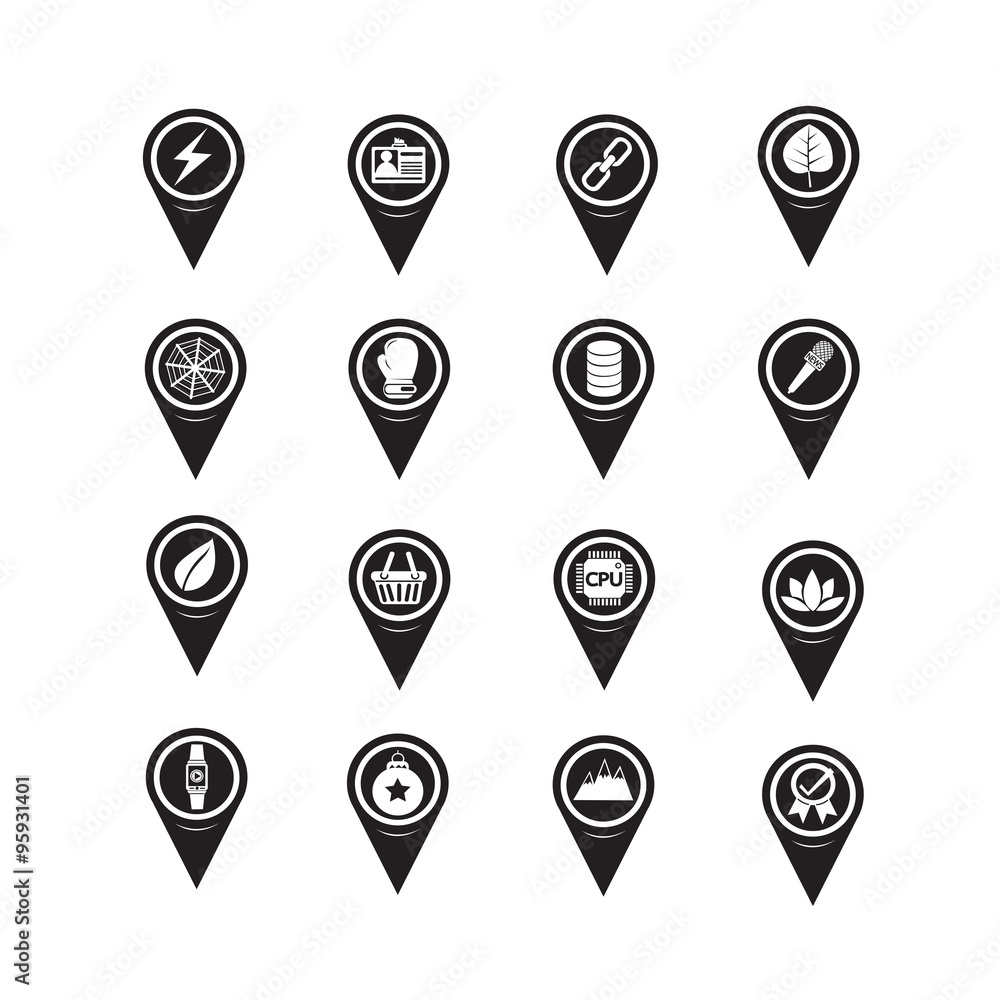 Poster set of map pointer icons for website and communication