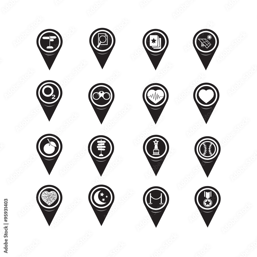 Poster set of map pointer icons for website and communication