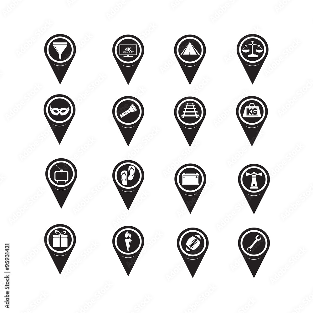 Poster set of map pointer icons for website and communication