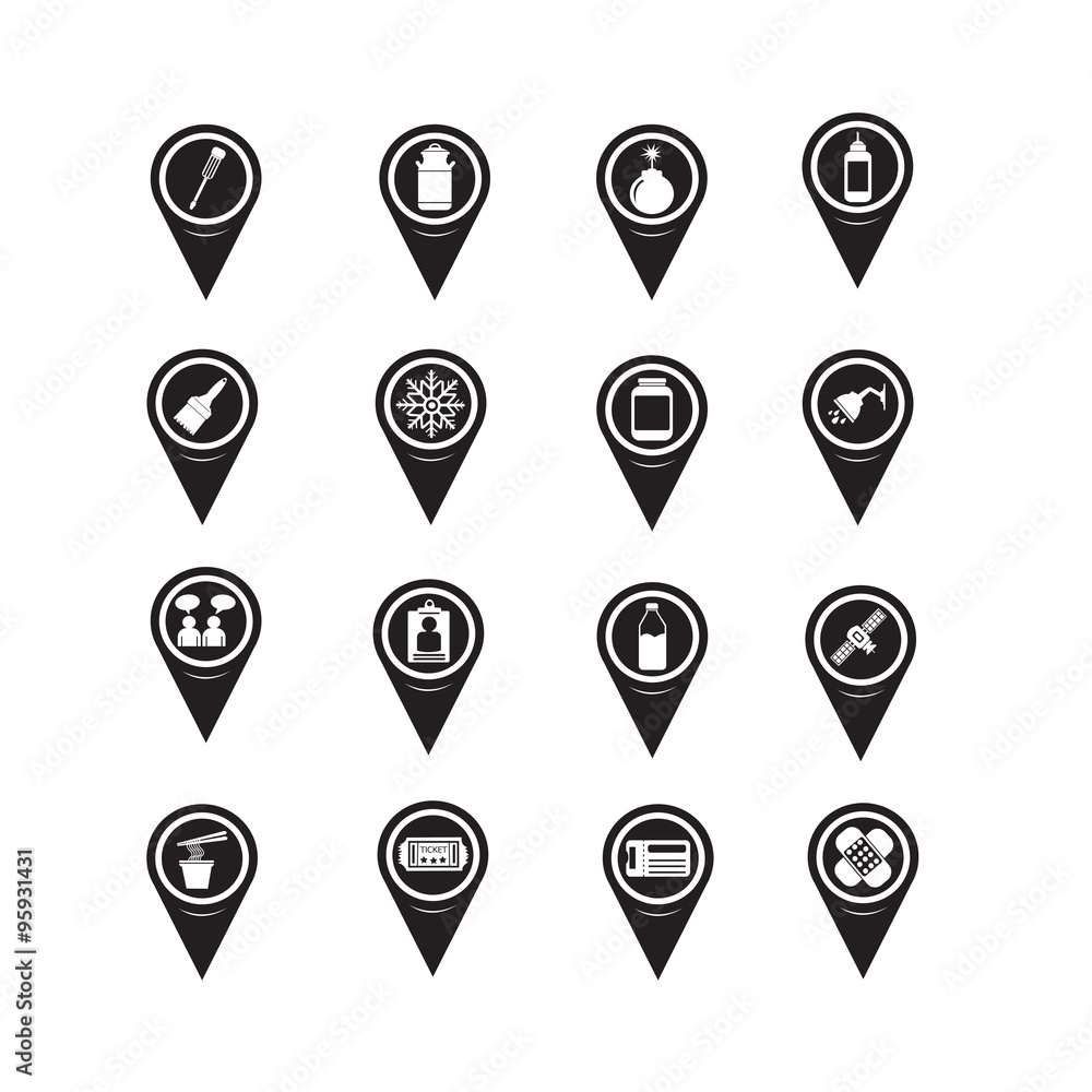Poster set of map pointer icons for website and communication