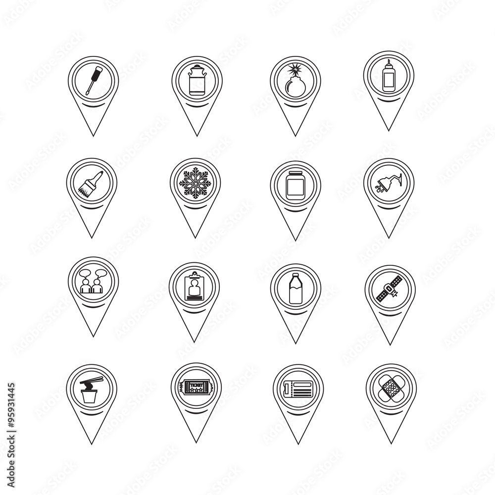 Poster set of map pointer icons for website and communication