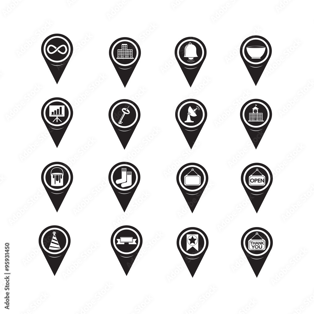 Poster set of map pointer icons for website and communication