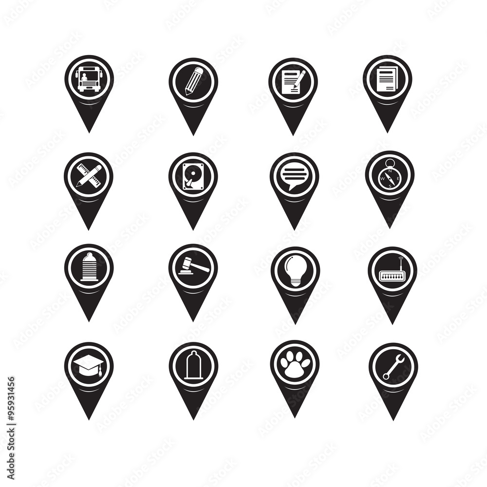 Poster set of map pointer icons for website and communication
