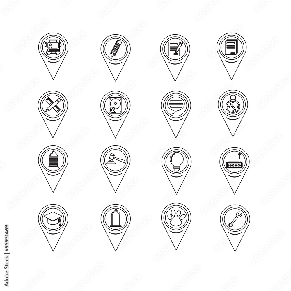 Poster set of map pointer icons for website and communication