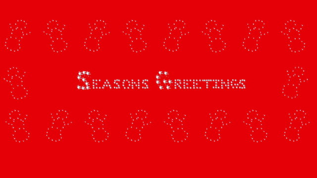 Seasons Greetings message on Christmas icons snowmen dancing border on red.