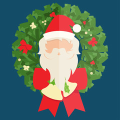 Flat design of Santa Claus and christmas wreath. Vector illustra