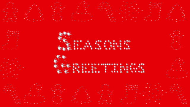 Seasons Greetings message with Christmas icons gingerbread man, tree, snowman, santa hat, candy cane, stocking, star and snowflake border on red.