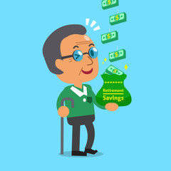 Cartoon old man earning money stack