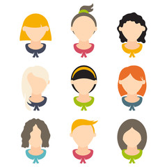 Set flat design of girls with different hairstyles. Vector illus