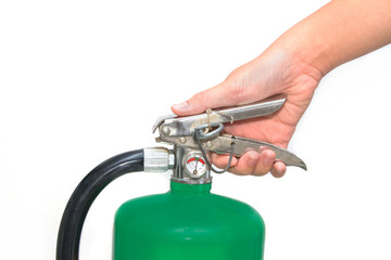 hand pressed the trigger green fire extinguisher,green chemical fire