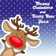 Vector poster Merry Christmas and Happy New Year with Deer on snowflakes background