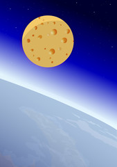 Cheese moon near planet in space, vector illustration