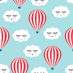 Smiling sleeping clouds and hot air balloons seamless pattern. Cute baby shower vector background. Child drawing style.