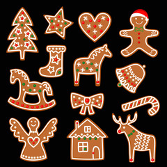 Christmas gingerbread cookies isolated on black background - xmas tree, candy cane, angel, bell, sock, gingerbread men, star, heart, deer, rocking horse. Cute xmas decoration.