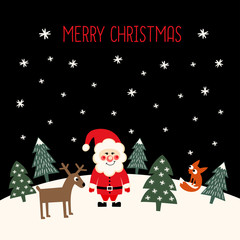 Merry Christmas card with cute Santa Claus, xmas trees, deer, fox and snowflakes on black background. Greeting card illustration design.