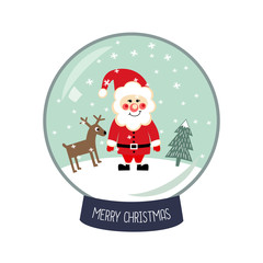 Christmas Snow globe with the falling snow, Santa Claus, Xmas tree and deer illustration. Cute Merry Christmas card. Glass ball gift design on white background.