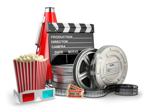 Video, movie, cinema vintage production concept. Film reels, cla