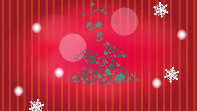 Animation Illustration of Christmas tree ornament icon with star and white winter snow snowflakes falling and golden handwriting doodle text in red pattern background used for e-card in 1920x1080 HD