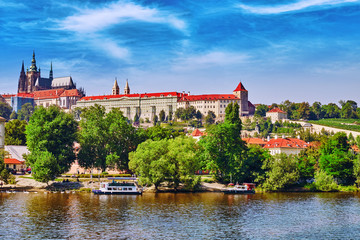 Fototapeta premium View of Prague Castle from waterfront- famous historic bridge th