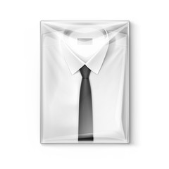 White classic men shirt with black tie in the transparent packaging box