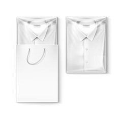 White classic men shirt with label in the packaging box and shopping bag