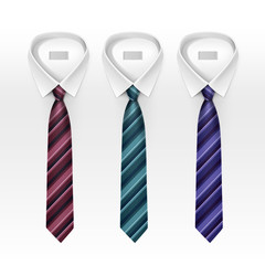 Set of Tied Striped Colored Silk Ties and Bow Ties Collection Vector Realistic Illustration Isolated on White Background
