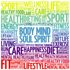 Body Mind Soul Spirit word cloud background, health concept